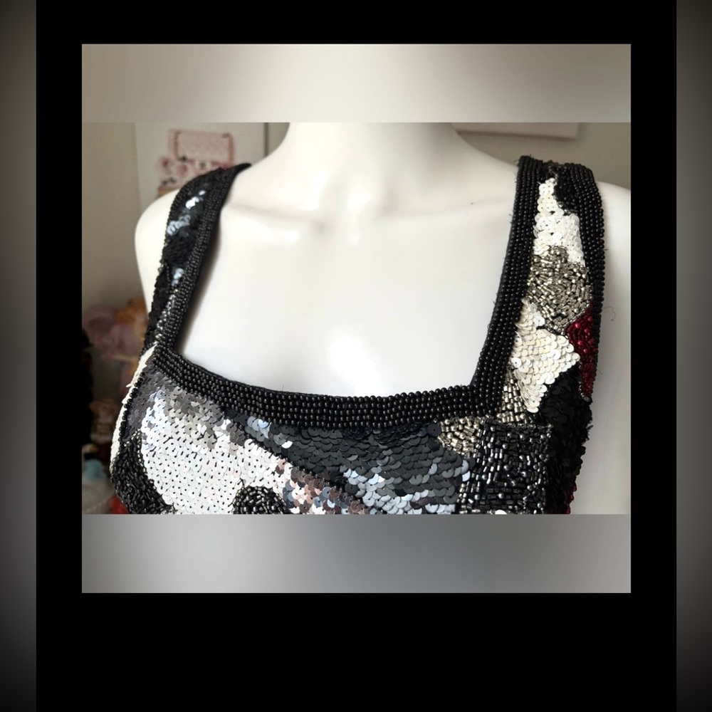 Vintage Oleg Cassini Sequin Silk Mini Dress BodyCon Low Cut Black & White Size 4 - Picture 4 of 12